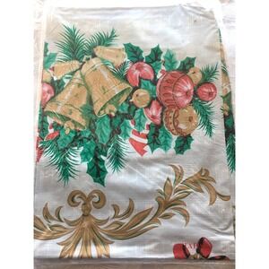 Vtg MCM Vinyl Christmas Table Cover NIP Santa Land 54 x 72 Japan Bells Holly